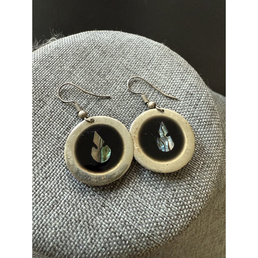 Vintage Mexico Silver Fashion Dangle Earrings Black Enamel Abalone Shell Boho
